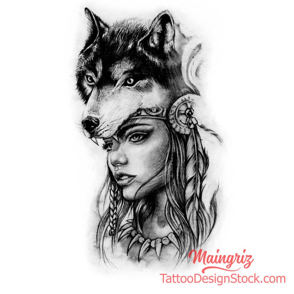 traditional indian girl wolf tattoo