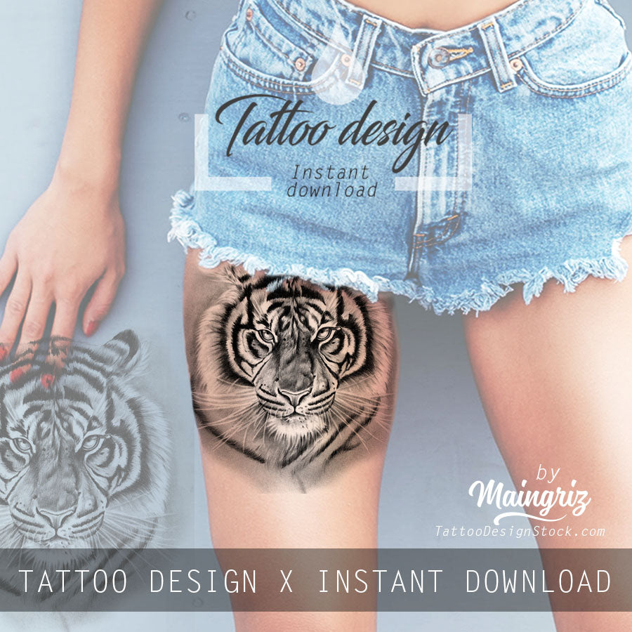 Tiger tattoo on the thigh.