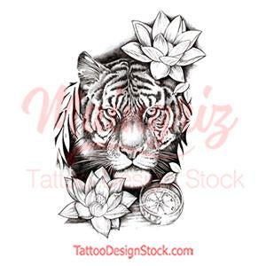 Tiger with Flower and Japanese Cloud Tattoo Design Vector Stock Vector   Illustration of calligraphy asian 99570162